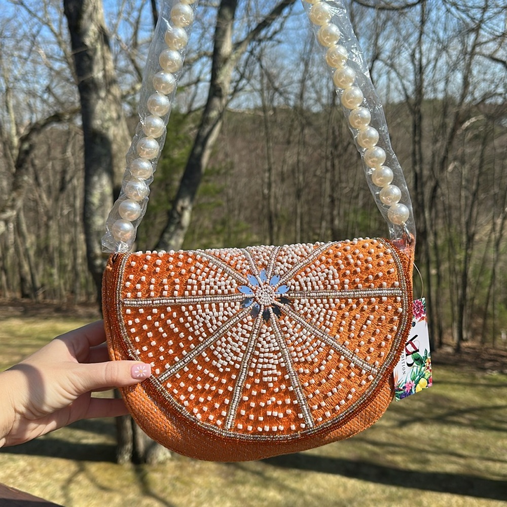 NWT VIRAL RARE Orange Beaded Handbag with Pearl Strap - Picture 4 of 13